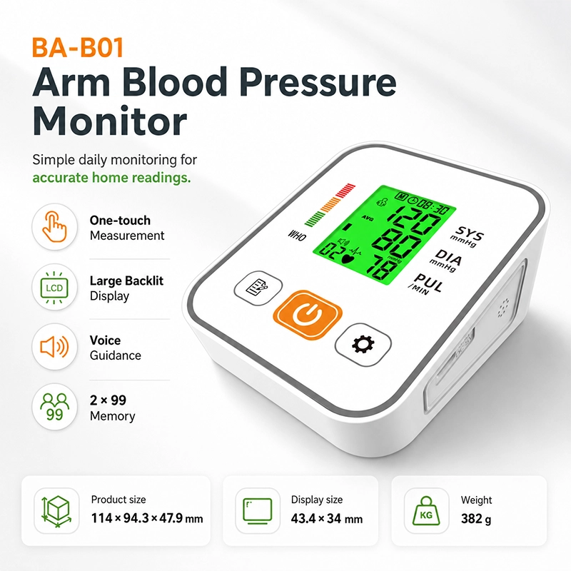 Ningbosc BA-B01 Upper Arm Blood Pressure Monitor with Backlit Display, Voice Guidance & Dual-User Memory