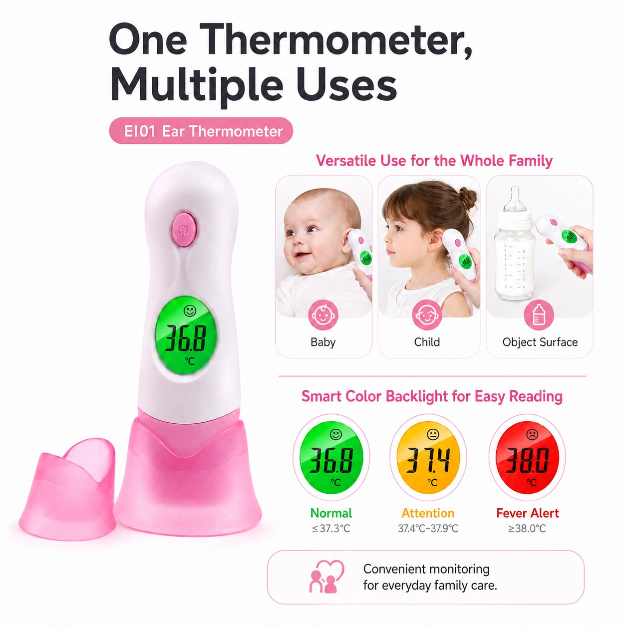 EI01 Digital Ear Thermometer for Babies & Family | 3-Color Backlight