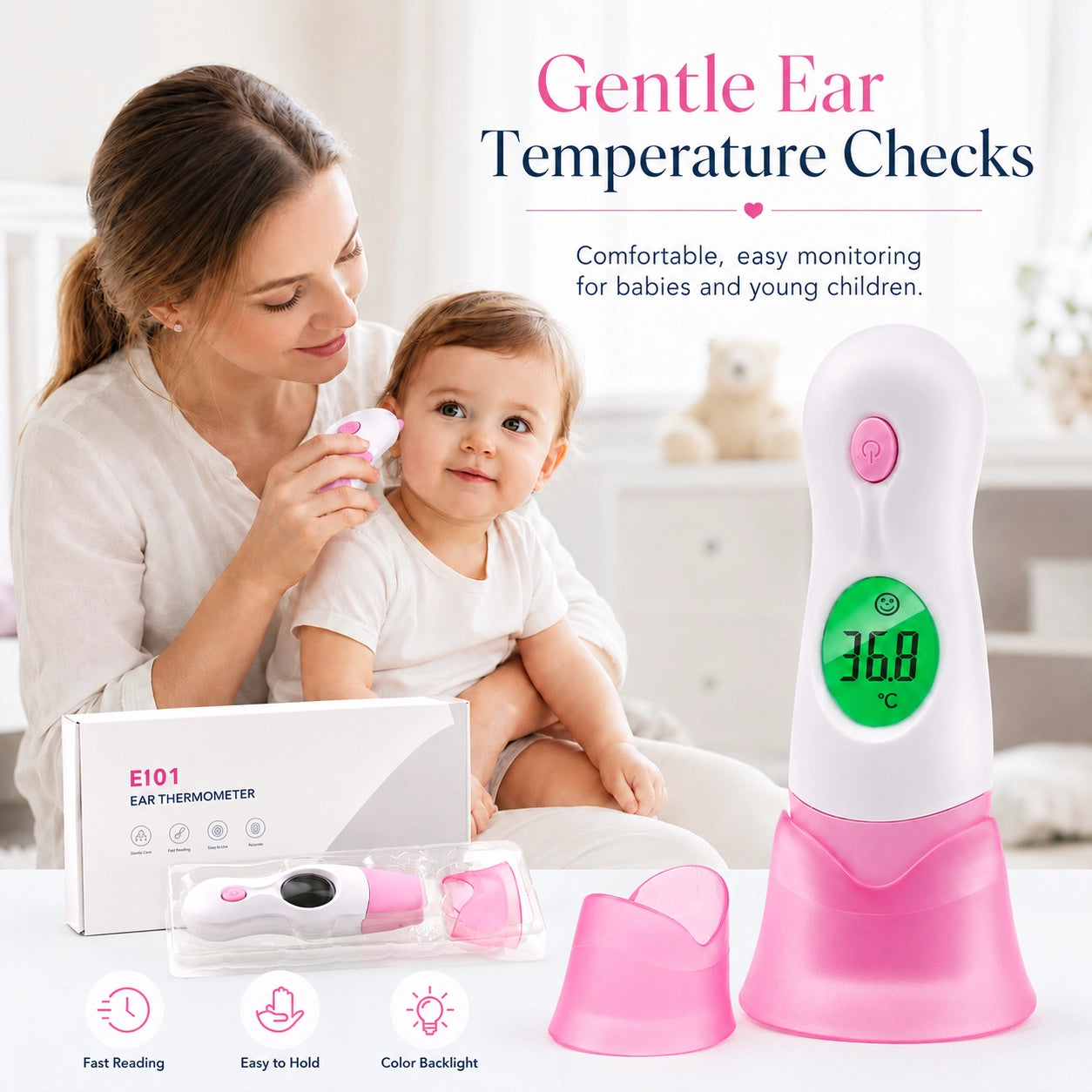 EI01 Digital Ear Thermometer for Babies & Family | 3-Color Backlight