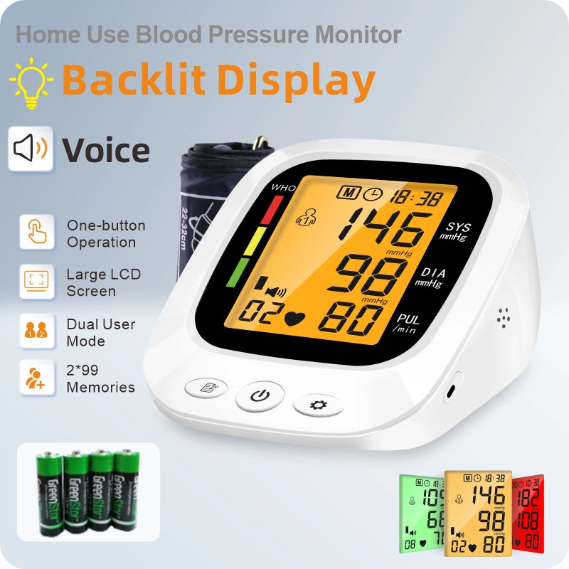Ningbosc BA-G01 Upper Arm Blood Pressure Monitor with Large Color Display, Voice Guidance & Dual-User Memory