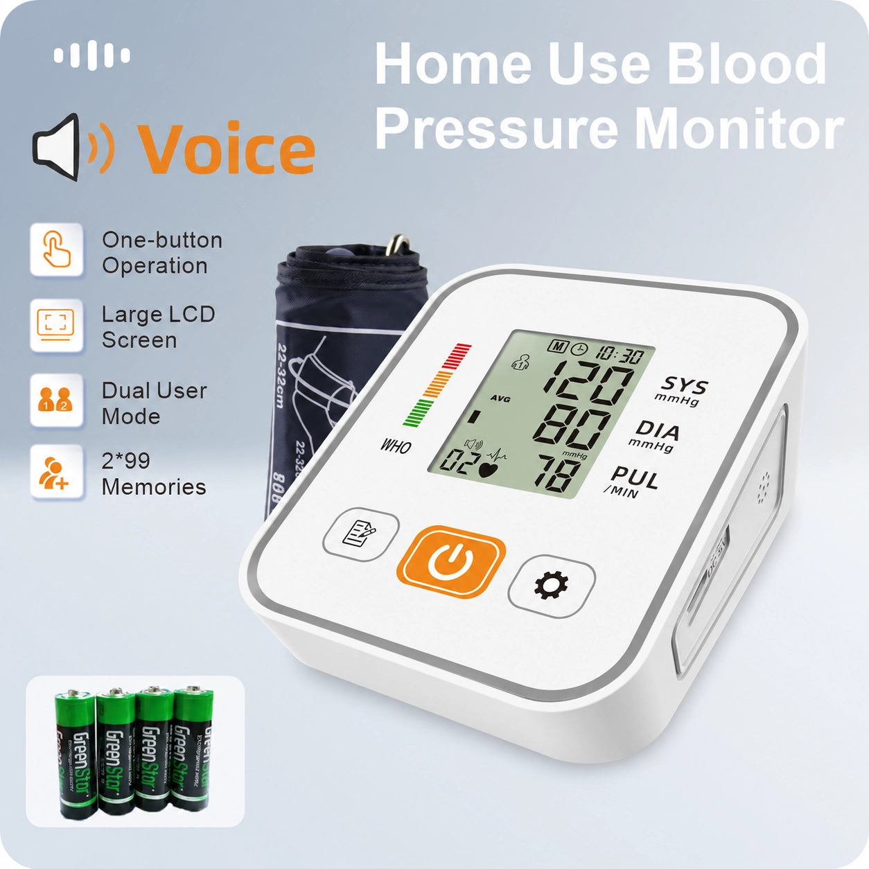 Ningbosc BA-B01 Upper Arm Blood Pressure Monitor with Backlit Display, Voice Guidance & Dual-User Memory