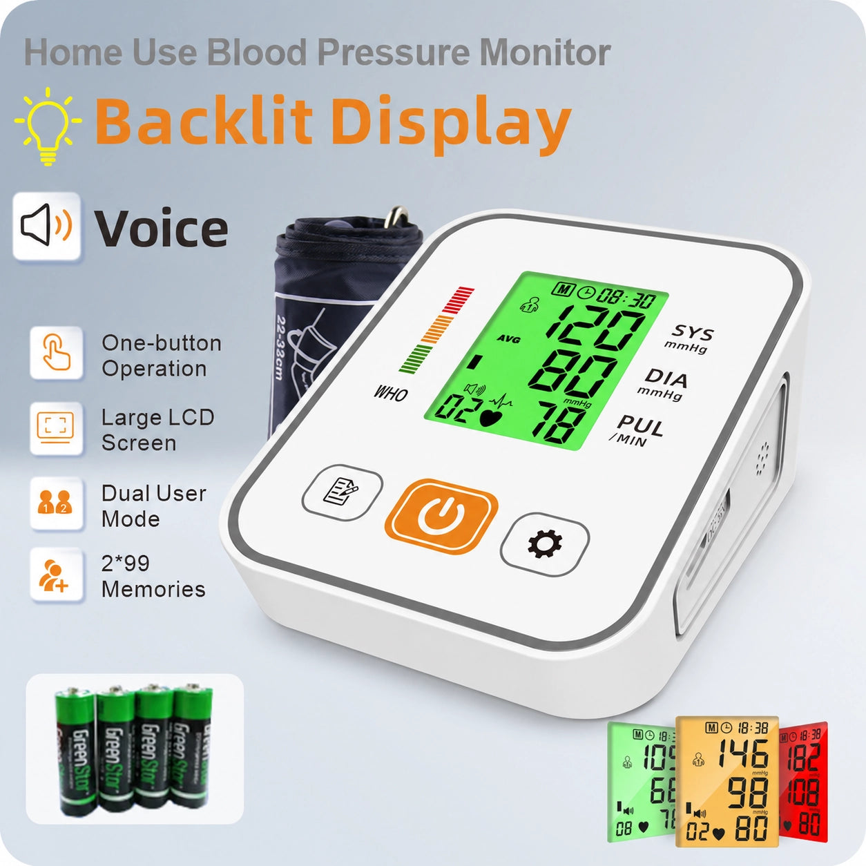 Ningbosc BA-B01 Upper Arm Blood Pressure Monitor with Backlit Display, Voice Guidance & Dual-User Memory