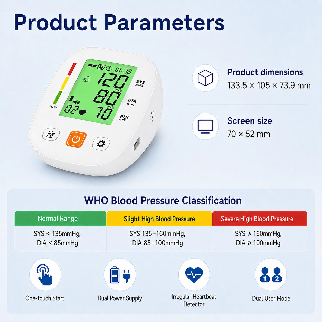 BA-F03 Automatic Blood Pressure Monitor with 3-Color Backlight