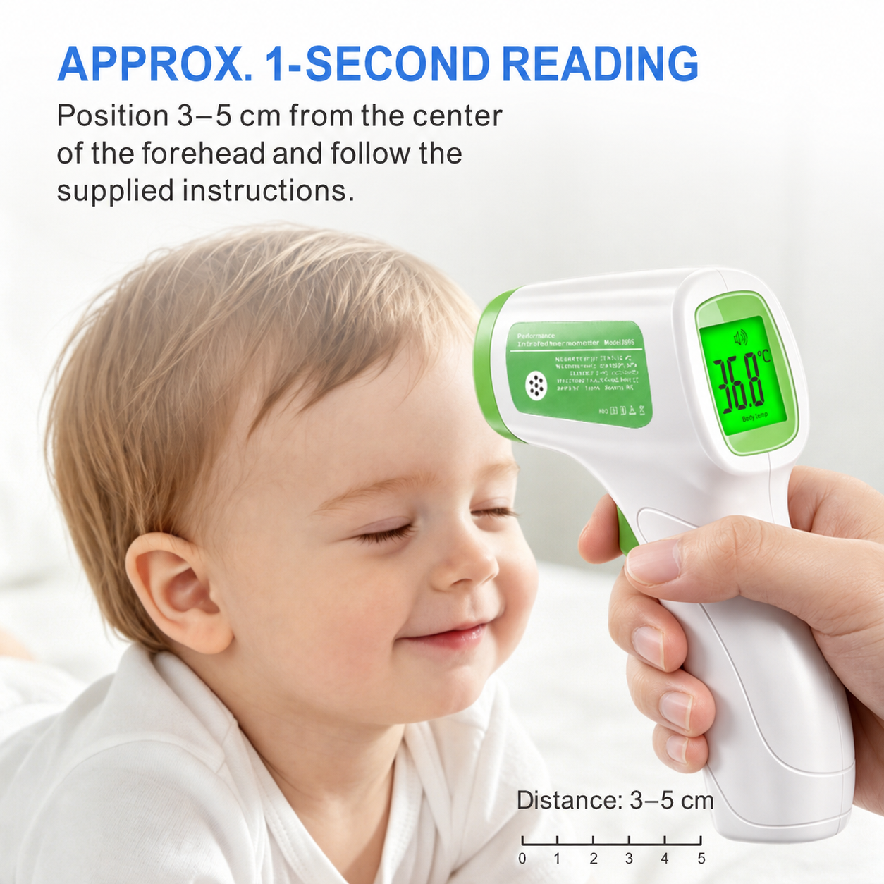 FAMILYPULSE FI05 forehead thermometer positioned 3 to 5 cm away